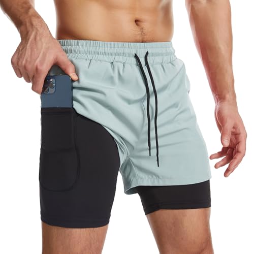 Surenow Mens 2 in 1 Running Shorts Quick Dry Athletic Shorts with